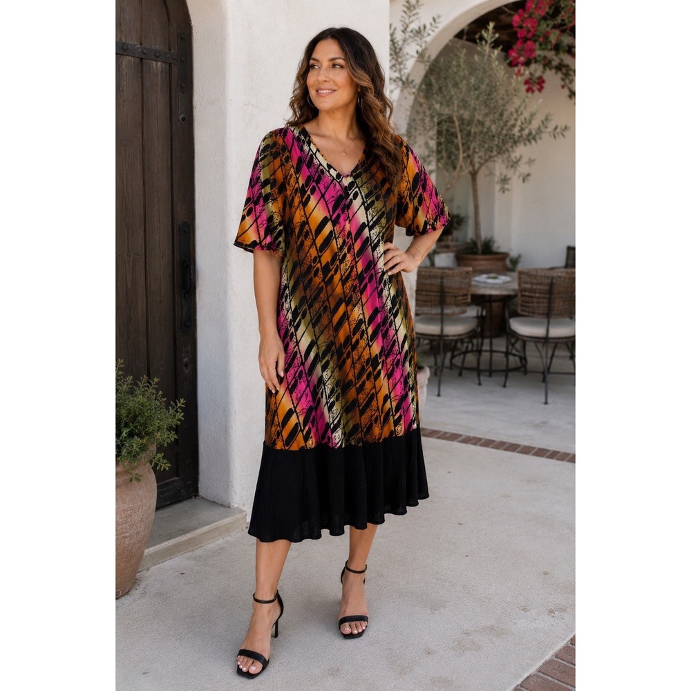 Virginie Paris Pleated Midi Dress XL Abstract Pink Orange Black R1036